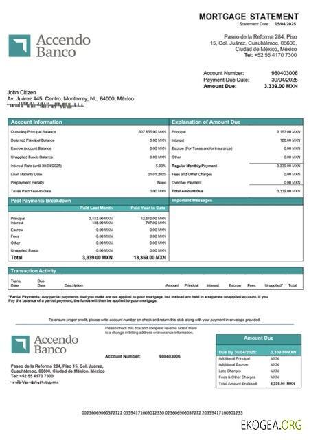 Modèle Word et PDF de relevé hypothécaire Accendo Banco Mexique